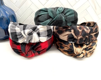 Corduroy Plaid top knot headband / Leopard top knot headband / checkered top knot headband / headband top knot/ women top knot headband