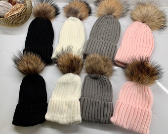 Big Fur Pom Knitted Matching Adult & Kids Hats