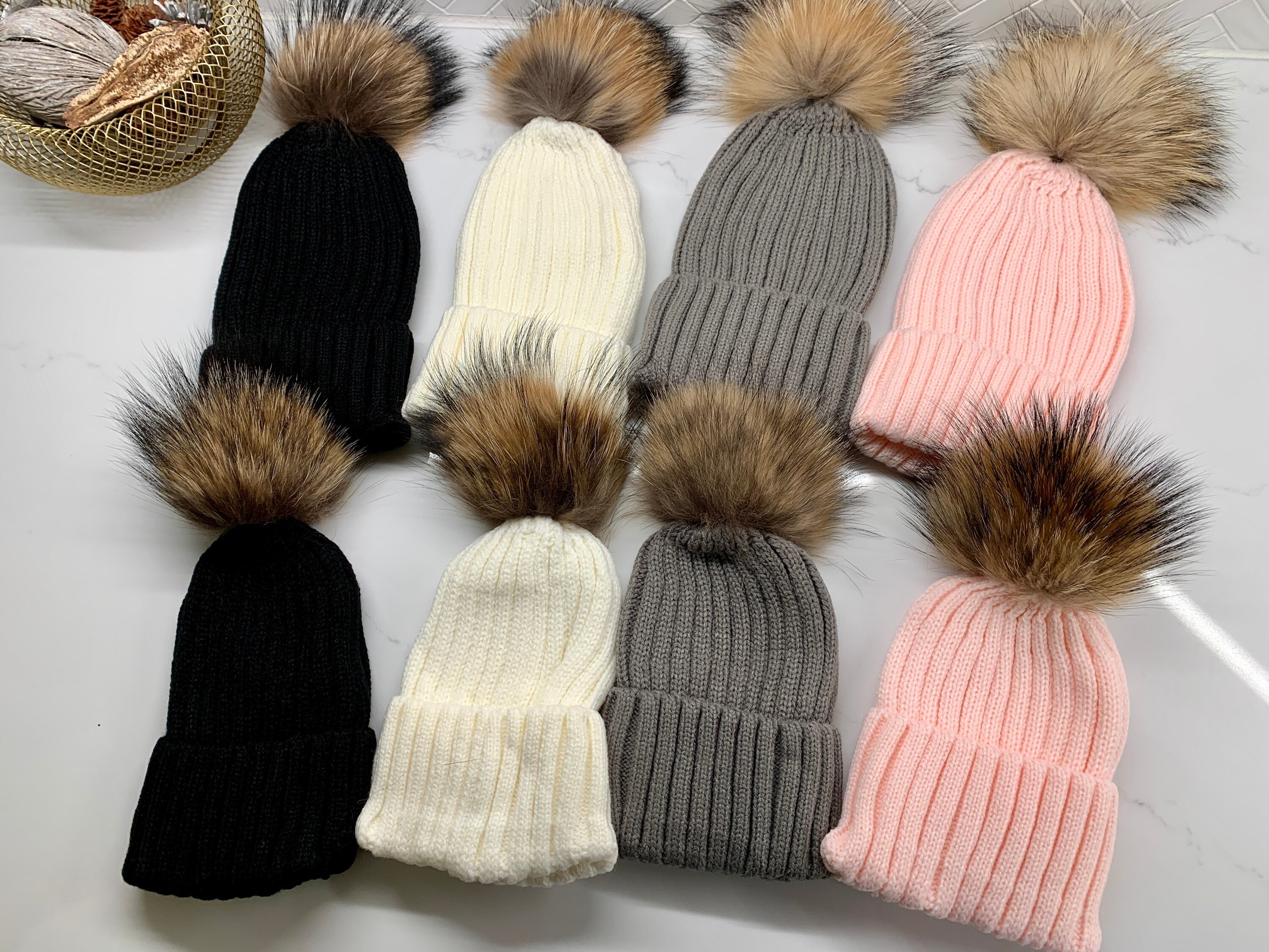 Big Fur Pom Knitted Matching Adult & Kids Hats