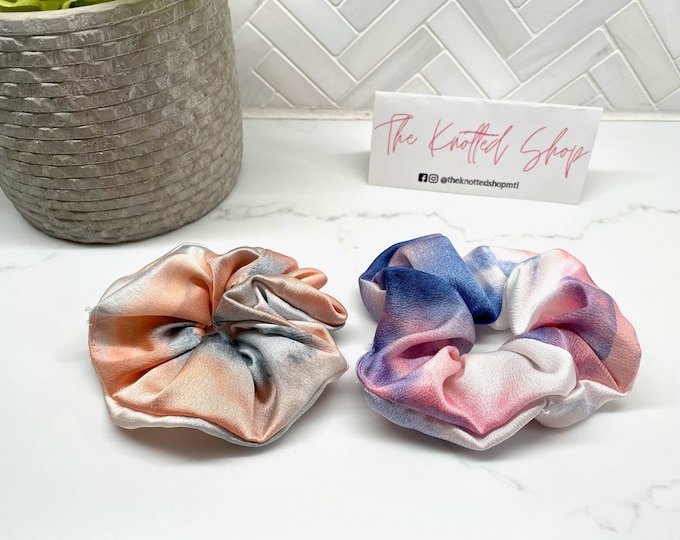 Silk Tie Dye Hair Scrunchie / Silk hair ties / pink blue tie dye / coral navy blue tie dye /