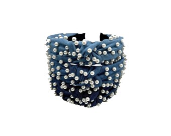 Denim Pearl Top Knot Headband
