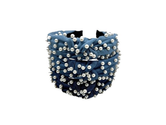 Denim Top Knot Headband With Pearls - Etsy display picture 2