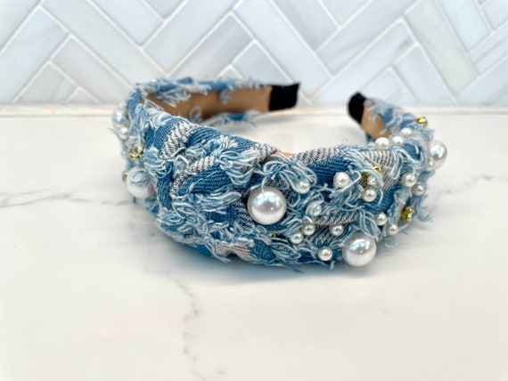 Cloth Headbands Tie For Women Top Knot Headband With Faux Pearls Denim. Denim Top Knot Headband With Pearls - Etsy main image 4
