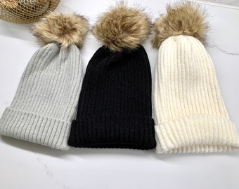 Ribbed Fur Pom Knitted Hats
