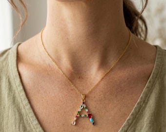Colorful Initial Necklace - Multicolor Gemstone Alphabet Pendant - Gold Dainty Monogram Jewelry - Personalized Rainbow Stone Charm