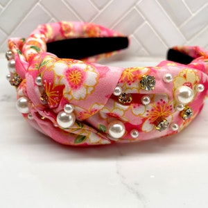 Wide Padded Floral Pearl Rhinestone Top Knot Headband / fall top knot headbands / womens headbands / girls top knot headband/ adult headband Pink