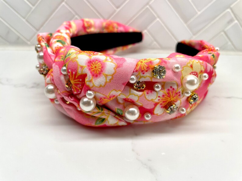 Wide Padded Floral Pearl Rhinestone Top Knot Headband / fall top knot headbands / womens headbands / girls top knot headband/ adult headband Pink