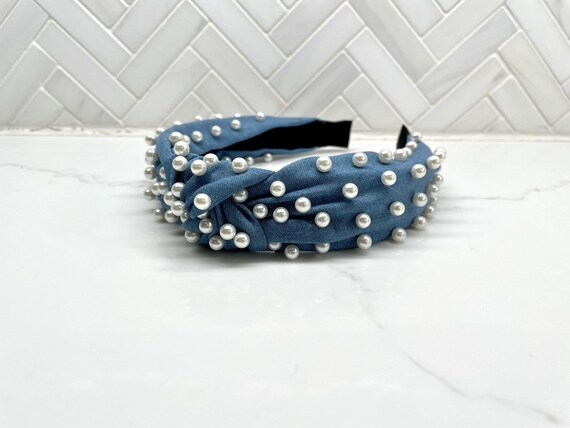 Denim Top Knot Headband With Pearls - Etsy
