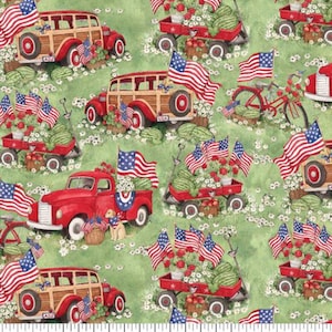 4 July Patriotic cotton fabric,red truck cotton fabric, sewing fabric, quilting fabric, cotton fabric