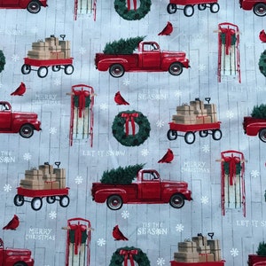 Christmas cotton fabric red truck, Christmas fabric, red truck, cotton fabric, sewing fabric, quilting fabric, decor fabric, crafts fabric