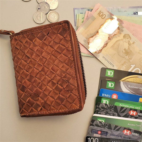 Hand Woven Leather Wallet for Women, RFID Blocking Ladies Wallet ,Zip-Around Women Wallet, Handmade Leather Wallet, Girls Zipper Wallet Gift