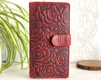Red Leather Wallet with Zipper - Embossed Leather Wallet- Genuine Leather Wallet for Women - RFID Blocking Clutch- Women Birthday Gift