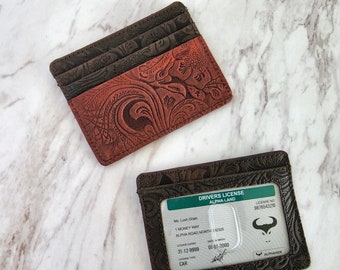 Leather Card Holder - Small Leather Wallet - Slim Wallet Credit Card Holder -  Embossed Leather - Minimalist Card Case - Front Pocket Wallet