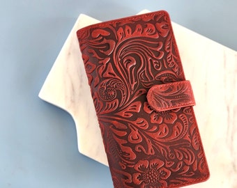 Red Leather Wallet with Zipper - Embossed Leather Wallet- Genuine Leather Wallet for Women - RFID Blocking Clutch- Women Birthday Gift