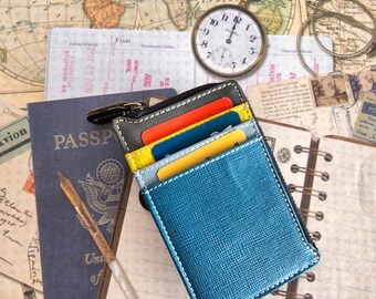Teal Leather Card Holder | Slim Credit Card Holder | Zip Card Wallet with coin pouch | Minimalist Wallet with RFID | Front pocket wallet