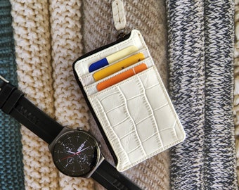 White Leather Card Holder | Slim Credit Card Holder | Zip Card Wallet with coin pouch | Minimalist Wallet with RFID | Front pocket wallet