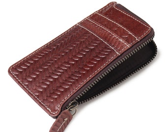 Brown Leather Card Holder | Slim Credit Card Holder | Zip Card Wallet with coin pouch | Minimalist RFID Wallet | Front pocket wallet