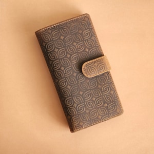 Tooled Leather Wallet - Embossed Leather Zipper Wallet- Genuine Leather Wallet Women - RFID Blocking Clutch with Button -Women Birthday Gift