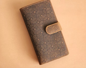 Tooled Leather Wallet - Embossed Leather Zipper Wallet- Genuine Leather Wallet Women - RFID Blocking Clutch with Button -Women Birthday Gift