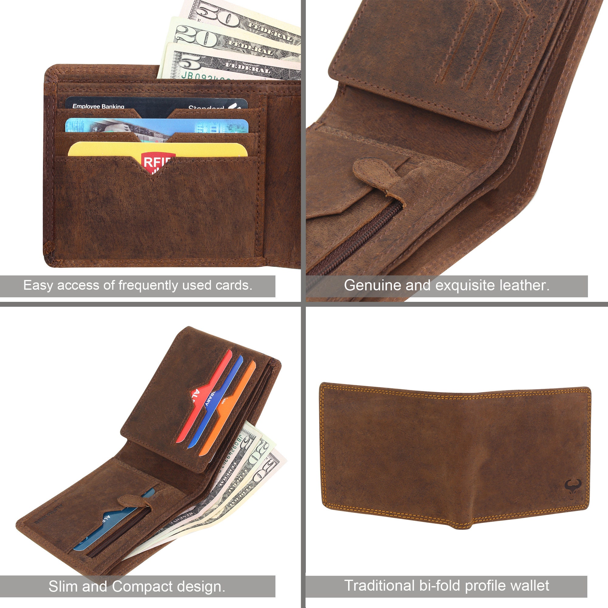 AlphaHide Men’s RFID Blocking Bifold Wallet – Premium Nubuck Leather With Hidden Card Slots (Brown) - View #4