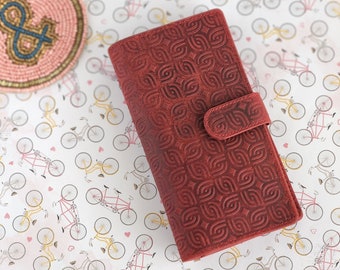 Leather Wallet - Embossed Red Zipper Wallet- Genuine Leather Wallet for Women - RFID Blocking Clutch with Button Closure-Women Birthday Gift