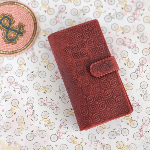 Leather Wallet - Embossed Red Zipper Wallet- Genuine Leather Wallet for Women - RFID Blocking Clutch with Button Closure-Women Birthday Gift
