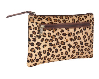 Genuine Leather Clutch - Leopard Hair on Hide Clutch - Leather Cosmetic Bag - Animal print clutch - Leather Zipper Pouch -Leather Makeup Bag