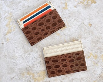 Leather Card Holder - Small Leather Wallet - Slim Wallet Credit Card Holder - Brown White Leather - Minimalist Card Case-Front Pocket Wallet