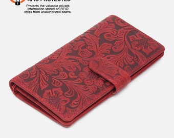 Red Leather Wallet with Zipper - Embossed Leather Wallet- Genuine Leather Wallet for Women - RFID Blocking Clutch- Women Birthday Gift