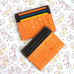 Soporte de tarjeta de cuero - Billetera de cuero pequeña - Soporte de tarjeta de crédito de billetera delgada - Cuero naranja - Estuche de tarjeta minimalista - Billetera de bolsillo frontal