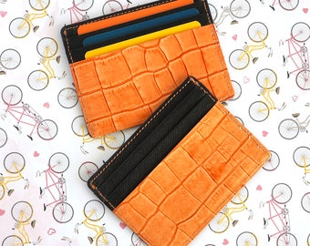 Leather Card Holder - Small Leather Wallet - Slim Wallet Credit Card Holder - Orange Leather - Minimalist Card Case - Front Pocket Wallet