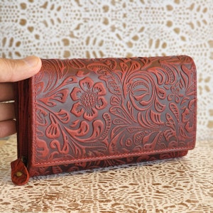 Embossed Leather Clutch Floral Leather Ladies Wallet Print Evening Purse Brown Leather Women Wallet  Red Leather Wallet Green Women Wallet