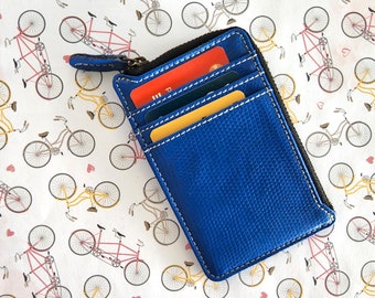 Blue Leather Card Holder | Slim Credit Card Holder | Zip Card Wallet with coin pouch | Minimalist Wallet with RFID | Front pocket wallet