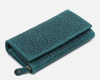 Green Women Wallet Embossed Leather Clutch Floral Leather Ladies Wallet Print Evening Purse  Red Leather Wallet Brown Leather Women Wallet