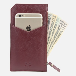 Portefeuille téléphonique pour dames en cuir véritable - Portefeuille de carte de crédit pour femmes - Pochette Ultra Slim Ladies - Pochette mobile - Grande poche zippée - Coffret cadeau