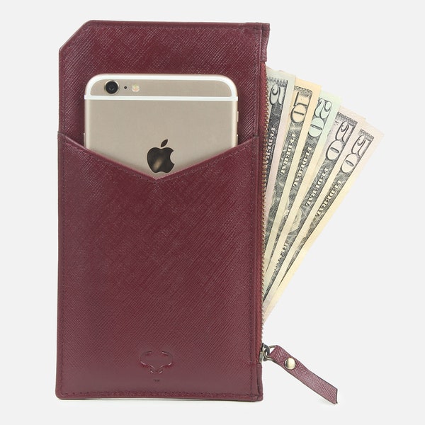 Genuine Leather Ladies Phone Wallet - Tarjeta de crédito para mujeres - Ultra Slim Ladies Clutch - Mobile Pouch - Large Zip Pocket - Regalo en caja