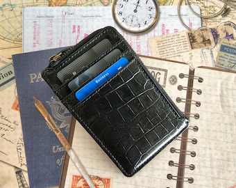 Genuine Leather Card Holder | Slim Credit Card Holder | Zip Card Wallet with coin pouch | Minimalist Wallet with RFID | Front pocket wallet