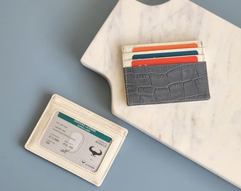 Leather Card Holder - Small Leather Wallet - Slim Wallet Credit Card Holder - Grey White Leather - Minimalist Card Case-Front Pocket Wallet