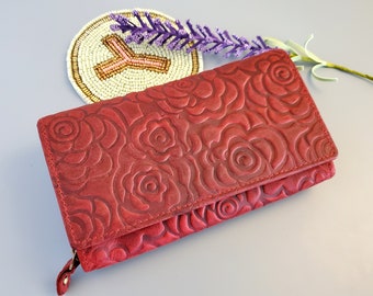 Floral Leather Ladies Wallet Brown Leather Women Wallet Embossed Leather Clutch Print Evening Purse  Red Leather Wallet Green Women Wallet