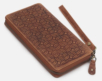 Womens Zip Around Wallet Brown Embossed Leather wallet Women Red Zipper Wallet Women Exotic Leather Wallet Floral Green Ladies wallet Gifts