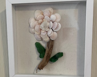 Pink Shell Flower, Sea Glass and Driftwood Art, Flower Shadowbox,Seashell Wall Decor