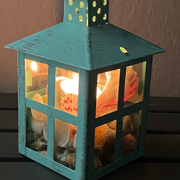 Rustic Teal or White Tealight Lantern with Seashells, Wedding Centerpiece, Porch/Boho Decor, Tiki Decor,Beach House Candle,CShells Beach Art