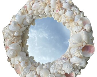 Round White Shell Mirror,Table Centerpiece,Beach House Wall Decor,Custom Mirror,Hanging Shell Mirror,CShells Beach Art