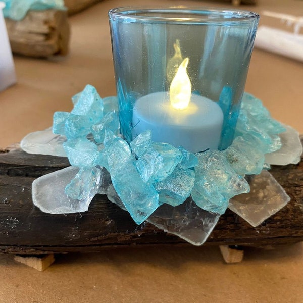 Seaglass & Driftwood Candle Holder,Wedding Guest Gift, Home Decor, Craft Art,CShells Beach Art