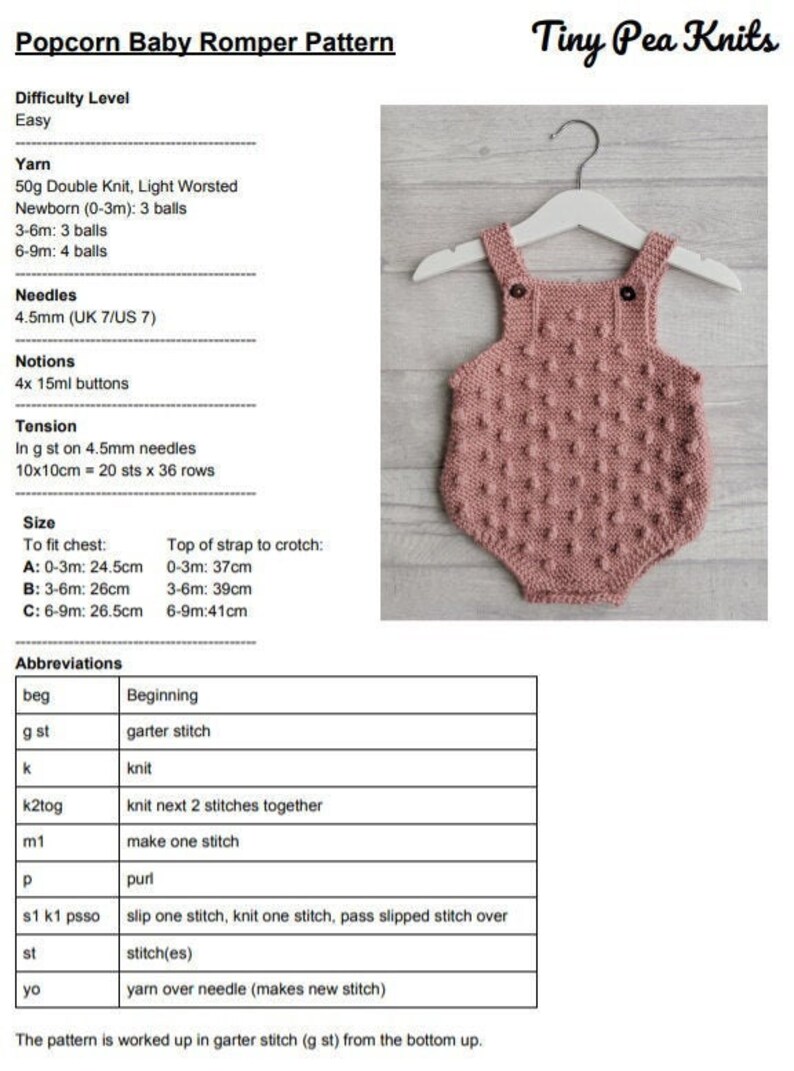 Popcorn Baby Romper Knitting Pattern Etsy UK