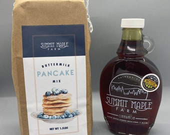 Vermont Breakfast gift set - Organic cinnamon infused Maple Syrup and pancake mix - best gift