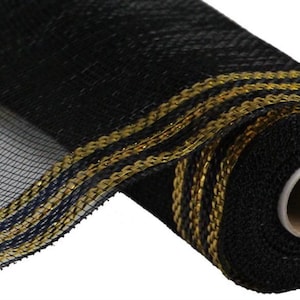 10” Black Border Stripe Metallic Mesh with Gold Foil Border Stripe, RE8503F8, Halloween Border Stripe Mesh, Mesh for Spider Wreath, Football