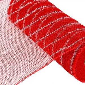 10.5” Red Mesh with Silver Tinsel Stripes, 10” Mesh, RY840069, Soft Mesh, Ten Inch Mesh, Christmas Wreath Mesh, Ten Half Inch, Holiday Mesh