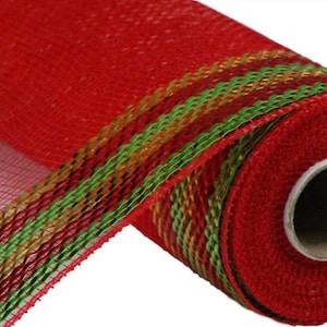 10” Red Deco Poly Mesh with Red, Lime Green, Gold Foil Border,  Metallic Mesh, RE850446, Deco Mesh, Mesh for Christmas Wreath, Fancy Mesh