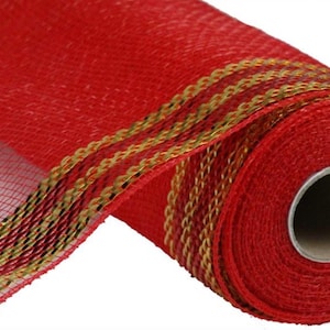 10” Red Deco Poly Mesh with Red, Gold Foil Border,  Metallic Mesh, RE850339, Deco Mesh, Mesh for Christmas Wreath, Fancy Mesh, Elegant Mesh